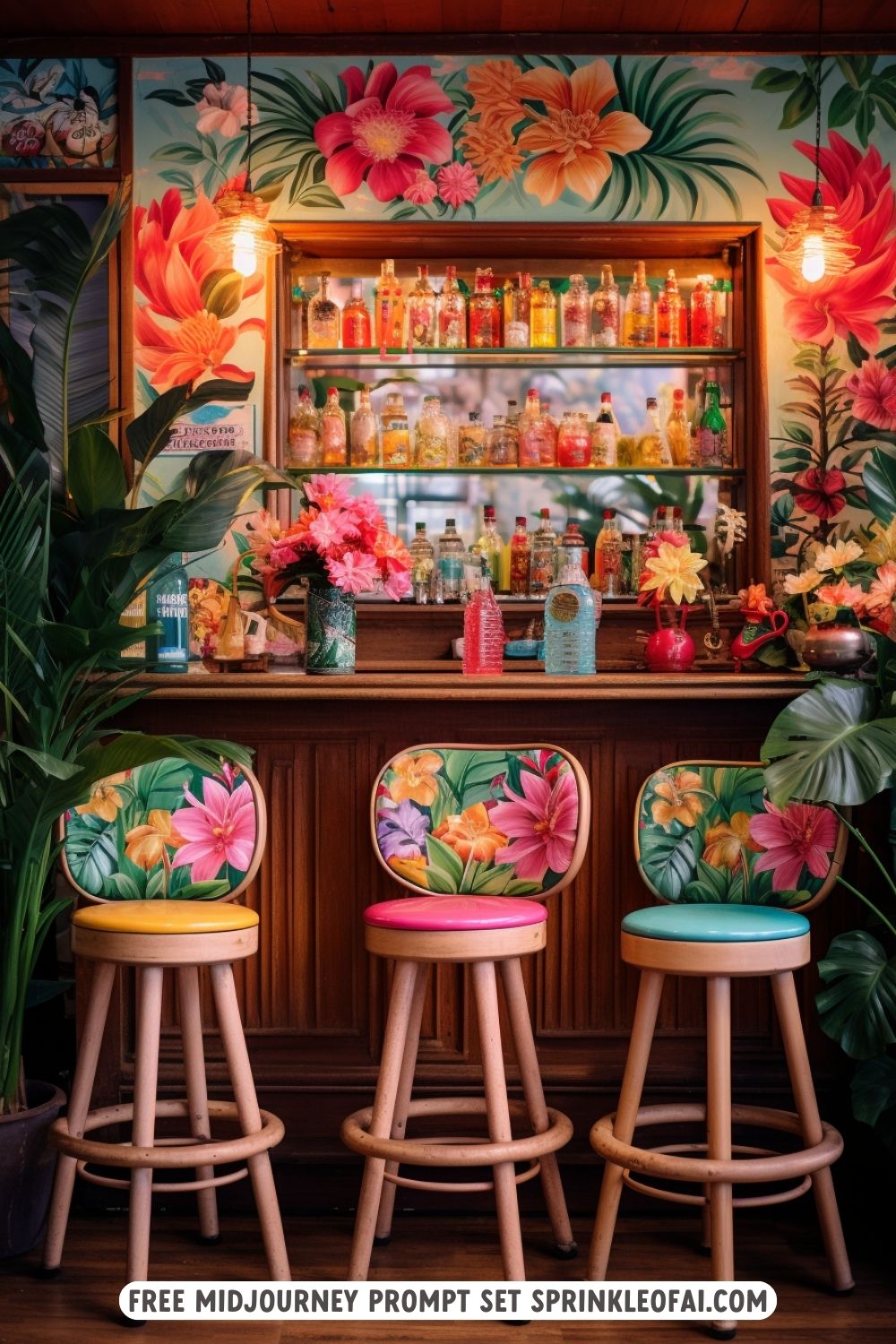 Free Midjourney Prompt Set - Happy Hour Cocktail Bar Prompts - Hawaii Fashion Prompts - Midjourney for Beginners - Sprinkle of AI