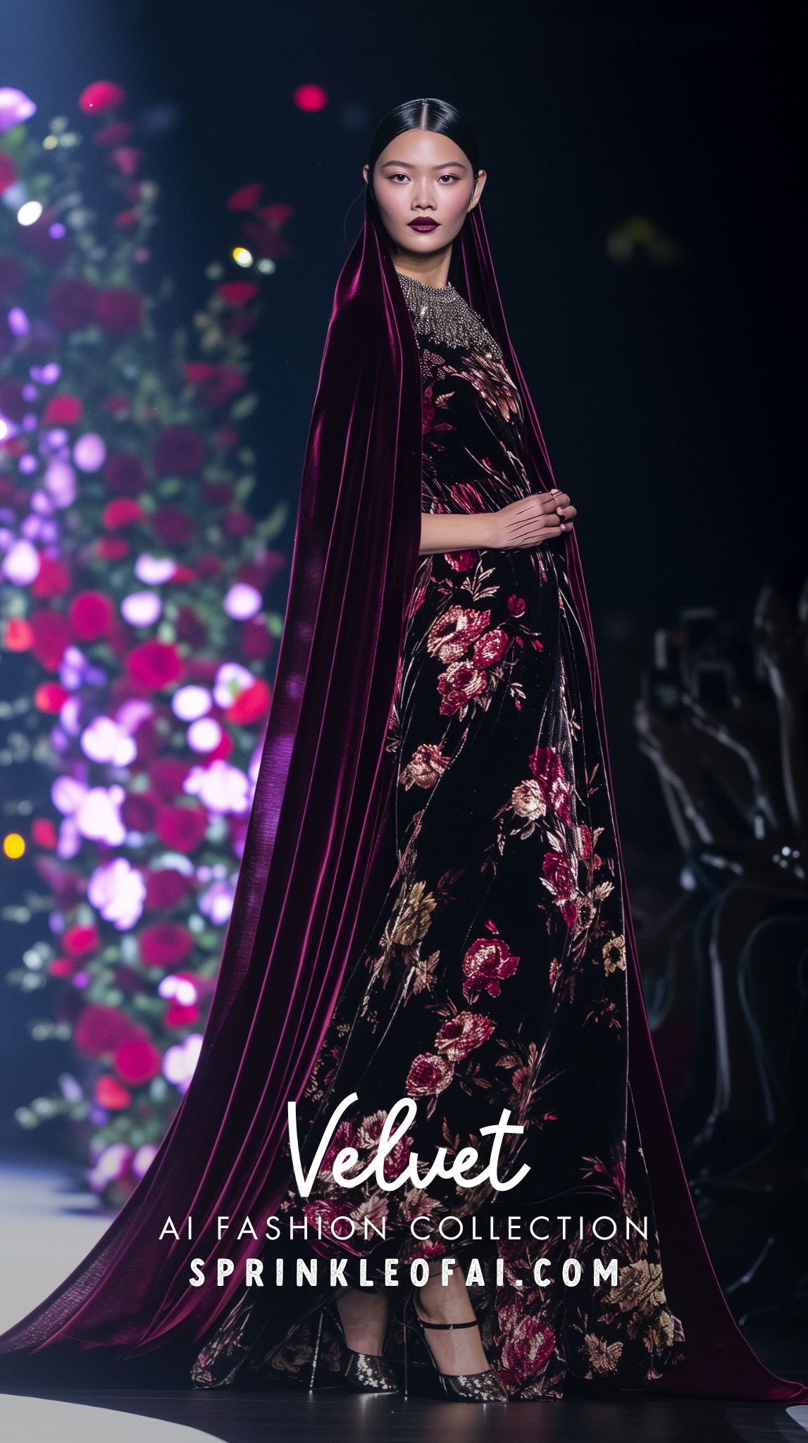 AI Fashion Collection - Luxurious Floral Velvet Dresses with Embroidered Details